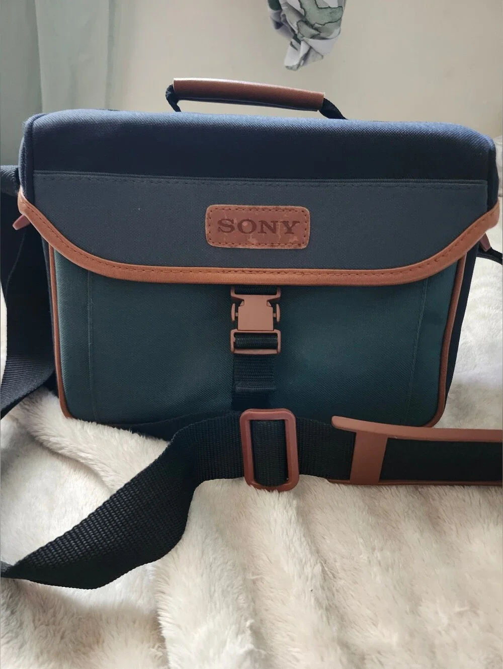 Vintage Sony Green Canvas Camera Bag with Brown Trim